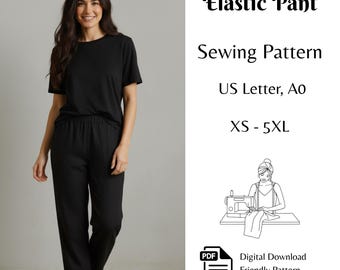 Women's Elastic Waist Pants Sewing Pattern PDF, Easy Trousers Pattern XS–5XL, US Letter & A0