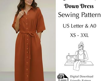 Classic Button Down Shirt Dress Sewing Pattern, Collared Midi Linen Dress Pdf, XS–3XL | US Letter & A0, Digital Download