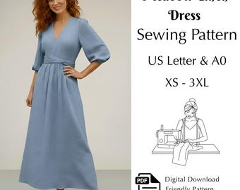 Meadow Linen Dress Sewing Pattern PDF, V-Neck Puff Sleeve Maxi Dress, US Letter & A0 | XS-3XL, Instant Download