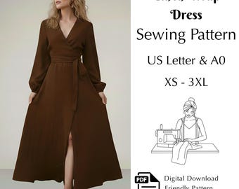 Boho Linen Wrap Dress Sewing Pattern, Tie Waist Maxi Dress Pdf, XS–3XL, A0 & US Letter