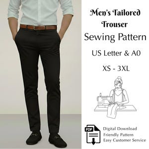 May include: Black tailored trousers with a brown belt, paired with a white shirt. The image includes text that reads "Men's Tailored Trouser Sewing Pattern" and "XS - 3XL". A PDF icon is also visible.