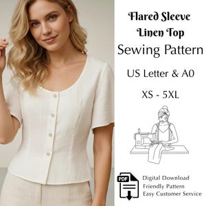 Women's Flared Sleeve Linen Top Pattern, Linen Shirt Sewing, Easy Beginner-Friendly PDF A0 & US Letter
