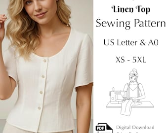 Women's Flared Sleeve Linen Top Pattern, Linen Shirt Sewing, Easy Beginner-Friendly PDF A0 & US Letter