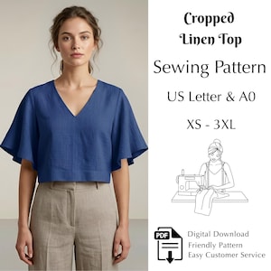 May include: A woman wearing a blue linen cropped top with a V-neck and flared sleeves. The image includes text that reads "Cropped Linen Top Sewing Pattern" and "XS - 3XL". A PDF icon is also visible.