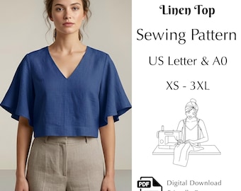 Cropped Linen Top Sewing Pattern PDF, Women’s V Neck Blouse, Flutter Sleeve Summer Shirt, XS-3XL, US Letter & A0
