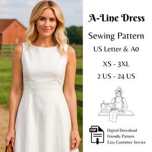 Molde para vestido evasê, molde fácil para iniciantes, molde em PDF com design sem mangas, tamanhos do PP ao 3XG | A0 e Carta (EUA)