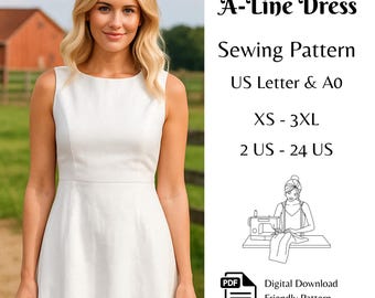 A-Line Dress Sewing Pattern, Easy Beginner Sewing Pattern, Easy Sleeveless Design PDF Pattern XS - 3XL | A0 & US-Letter