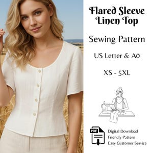 Peut inclure: Haut en lin blanc avec manches évasées et fermeture boutonnée. Le texte indique "Flared Sleeve Linen Top Sewing Pattern" et les tailles "XS - 5XL". Une illustration de machine à coudre et une icône de téléchargement PDF sont également présentes.