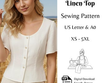 Women's Flared Sleeve Linen Top Pattern, Linen Shirt Sewing, Easy Beginner-Friendly PDF A0 & US Letter