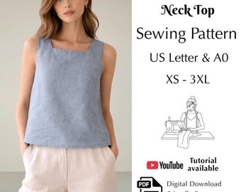Linen Square Neck Top Sewing Pattern, Summer Crop Tank Top PDF XS-3XL | A0 & US Letter
