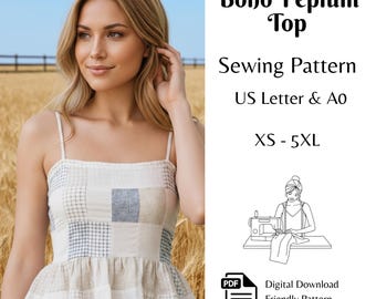 Peplum Top Sewing Pattern PDF, Summer Boho Cami Top Pattern, XS–5XL, Beginner Friendly, Printable A0 & US Letter