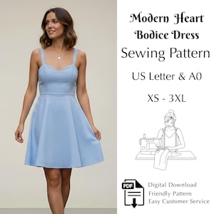 May include: A light blue dress with a sweetheart neckline and spaghetti straps. The dress is a sewing pattern, with the text "Modern Heart Bodice Dress Sewing Pattern" and sizes XS-3XL. A PDF icon and text "Digital Download Friendly Pattern Easy Customer Service" are also included.