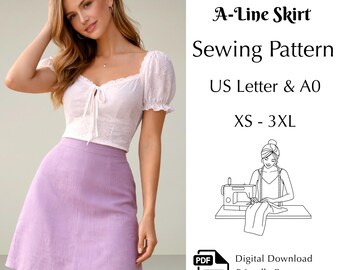 Linen A-Line Skirt Sewing Pattern, High Waist Mini Skirt PDF XS-3XL | US Letter & A0, Beginner Friendly