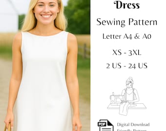 A-Line Mini Dress Sewing Pattern, Boat Neck Mini Dress Sewing PDF Pattern XS - 3XL | A0 & US-Letter