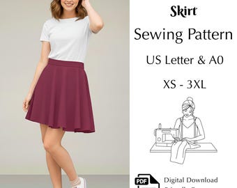 Flared Circle Skirt Sewing Pattern, High Waisted Skater Skirt PDF, XS–3XL | A0 & US Letter, Digital Download