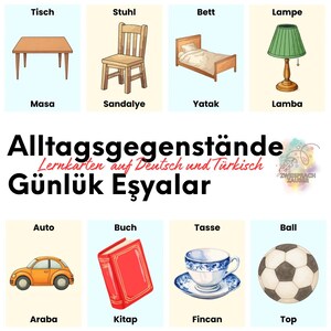 May include: A colorful educational poster featuring illustrations of everyday objects with their German and Turkish names. The objects include a table, chair, bed, lamp, car, book, teacup, and soccer ball.