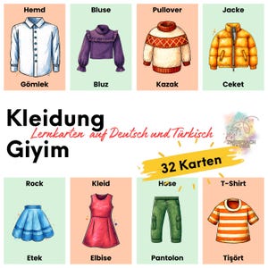 Könnte beinhalten: Eine illustrierte Lerntafel mit verschiedenen Kleidungsstücken. Die Abbildung zeigt ein weißes Hemd, eine lila Bluse, einen Pullover mit Muster und eine gelbe Jacke. Text auf Deutsch und Türkisch ist ebenfalls vorhanden.