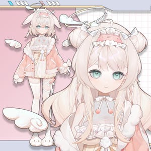 Puede incluir: Ilustración de un personaje con cabello rosa claro y ojos verdes, vistiendo una chaqueta rosa claro con ribete blanco y un vestido a juego. El personaje tiene orejas de conejo y accesorios en forma de nube. El fondo es rosa claro.