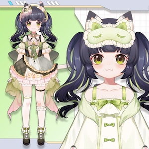 May include: An anime-style character with dark hair and green eyes, dressed in a cat-themed outfit. The outfit features a dress with green and pink details, a cat ear headband, and a sleep mask. The character is shown in a full-body pose and a close-up.