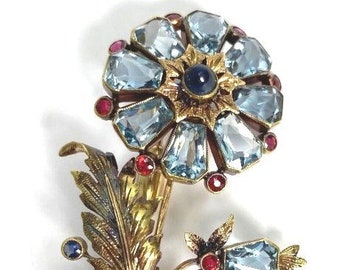 14kt Aquamarine, Ruby and Sapphire Bouquet Brooch