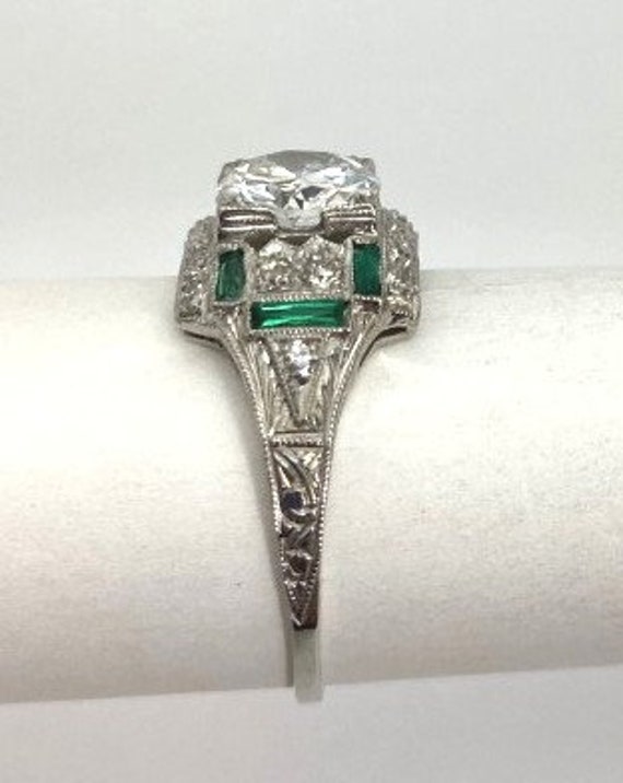 Art Deco Platinum Diamond + Emerald Engagement Ri… - image 3