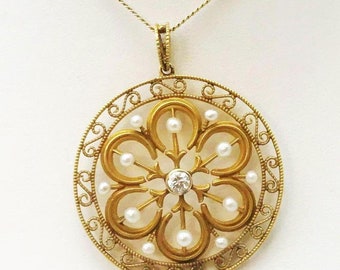 Late Victorian 14kt Pearl & Diamond Filigree Pendant on 26" Chain