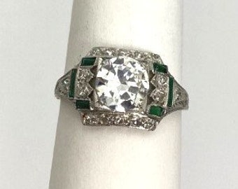 Art Deco Platinum Diamond + Emerald Engagement Ring 1.10ct