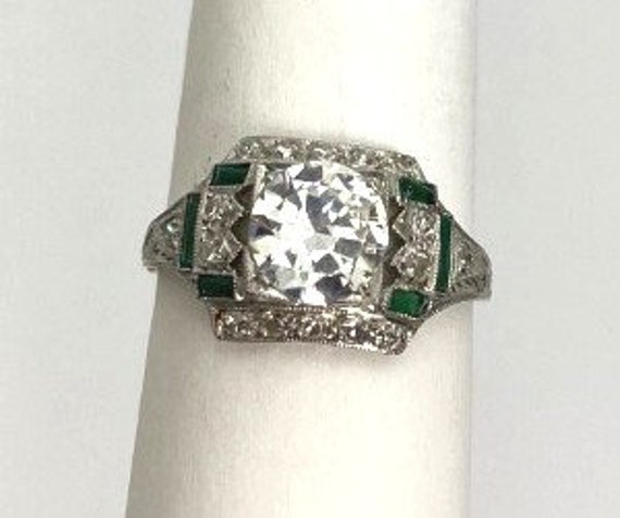 Art Deco Platinum Diamond + Emerald Engagement Ri… - image 1