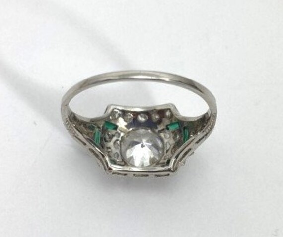 Art Deco Platinum Diamond + Emerald Engagement Ri… - image 5