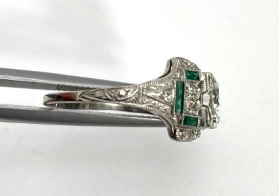 Art Deco Platinum Diamond + Emerald Engagement Ri… - image 2