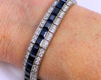 Art Deco French Platinum 16ct Sapphire and  10.36ct Diamond Bracelet