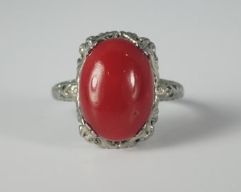 On Sale Large Red Coral Ring 14kt White Gold