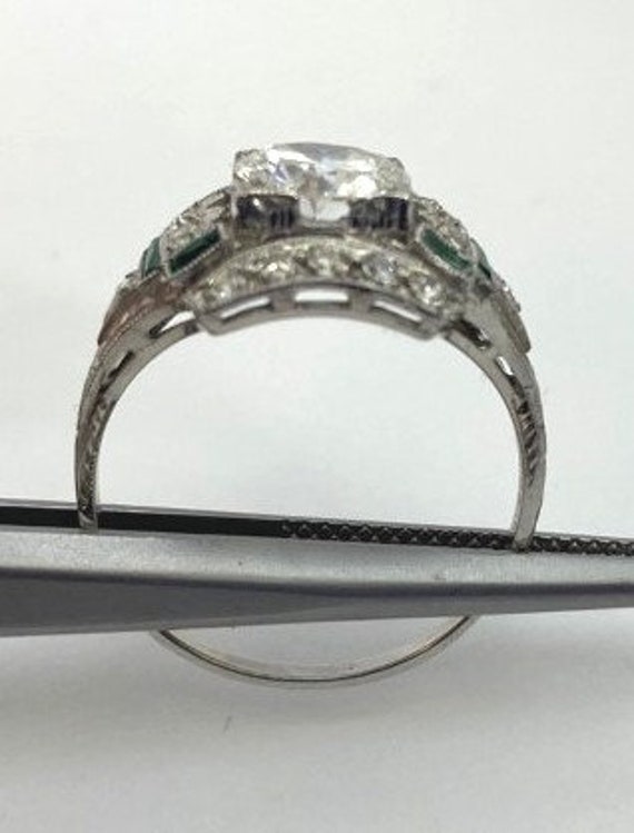 Art Deco Platinum Diamond + Emerald Engagement Ri… - image 4