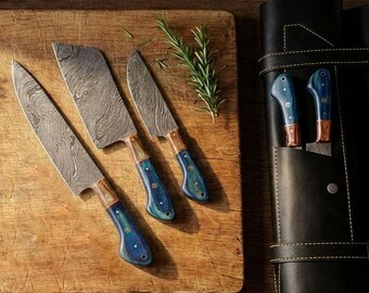 Hand Forged Damascus Chef Set, Handmade Kitchen knife, Damascus Chef knives, Cooking knife, Kitchen knives, Anniversary & Birthday gift USA