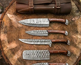 Damascus Steel Chef Set, Hand Forged Damascus Chef Set, Damascus Chef Knife, Kitchen Knife, Handmade Damascus Steel BBQ Knife Set Gift MEN