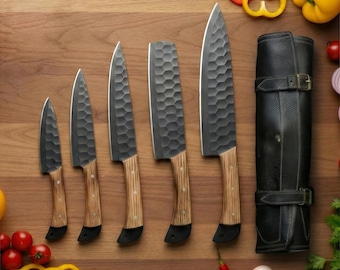 Hand Forged Damascus Steel Chef Knife Set, Kitchen Knives | Chef Knive Set, Handmade 5 Pcs Luxury Damasuc Knife Gift for him, Gifts for her