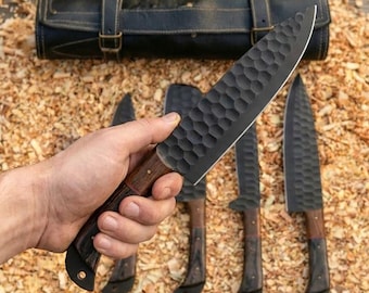 Handmade Black Kitchen Knife Set – Hex Pattern Carbon Steel Knives with Walnut Wood Handle for Chef & Outdoor Cooking, Best Christmas Gift