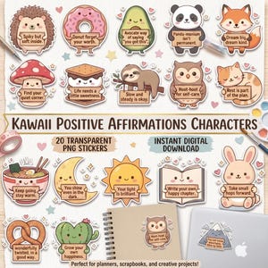May include: A collection of 20 digital stickers featuring cute cartoon characters like a hedgehog, donut, avocado, panda, fox, mushroom, s'more, sloth, owl, cat, ramen, moon, sun, book, rabbit, pretzel, cactus, and mountain, each holding a sign with text.