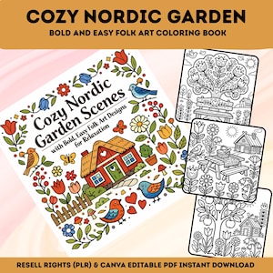 Op de afbeelding: Een kleurboek getiteld Cozy Nordic Garden met een omslag met een rood huis, bloemen en vogels. Drie zwart-wit lijntekeningen tonen tuinscènes met bomen, bankjes, picknicktafels en huizen voor creatieve kleuractiviteiten voor volwassenen.