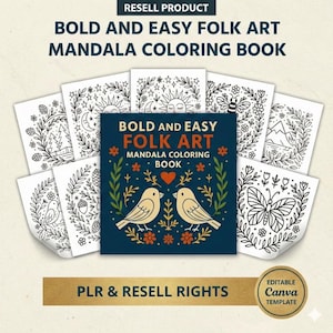 Puede incluir: Un libro de colorear cuadrado titulado Bold and Easy Folk Art Mandala Coloring Book con una portada azul oscuro que muestra dos pájaros, un corazón y motivos florales. Está rodeado de varias páginas de arte lineal en blanco y negro.
