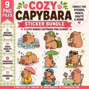 Mysigt klistermärkespaket med kapybara | 9 söta kawaii kapybara-PNG-clipart | Pastellfärgade djurklistermärken | Kommersiellt bruk | Digital nedladdning