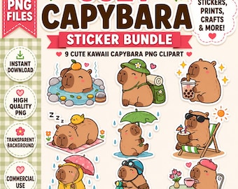 Cozy Capybara Sticker Bundle | 9 Cute Kawaii Capybara PNG Clipart | Pastel Animal Stickers | Commercial Use | Digital Download