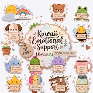 May include: A collection of 32 digital PNG stickers featuring illustrated characters including a bear, frog, dog, bee, whale, cactus, cloud, coffee mug, star, hot air balloon, sloth, and jar, each holding a sign with positive affirmations.