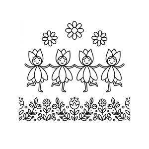 May include: A black and white line art illustration featuring four figures wearing flower-shaped hats and skirts, holding hands in a row. Above them are three simple flowers, and below is a horizontal border pattern of leaves, berries, and flowers.