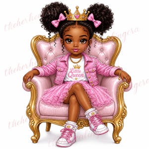 May include: A digital illustration of a young girl with dark skin and curly hair in pigtails, wearing a gold crown, pink jacket, and tutu. She sits in a gold-trimmed pink armchair. Her white shirt features a gold crown and the text Little Queen.