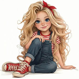 May include: A digital illustration of a child with long, wavy blonde hair and blue eyes, wearing a red and white striped t-shirt under dark blue denim overalls. The child has a red bow in their hair and wears red canvas sneakers with white laces.