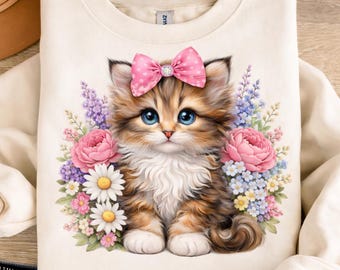 Cute Cat Sublimation Design PNG | Kitten with Pink Bow | Spring Daisy Floral Clipart | Baby Girl T-Shirt Graphic | DTG Printable