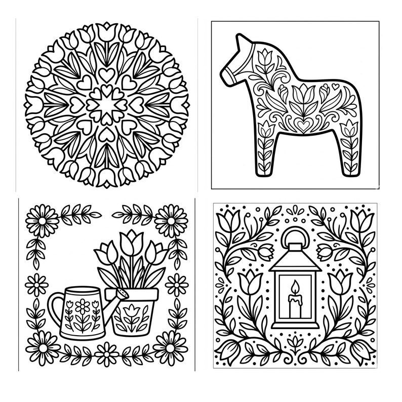 May include: A set of four black and white line art illustrations featuring a circular floral mandala, a stylized horse figure with botanical patterns, a watering can and potted tulips, and a candle lantern surrounded by floral vines and leaves.