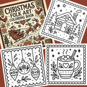 Op de afbeelding: Een Christmas Folk Art kleurboek met een omslag met de kerstman in een slee, rendieren en feestelijke motieven. Drie afzonderlijke zwart-wit kleurplaten worden getoond, met een blokhut, hangende ornamenten en een mok met marshmallows.