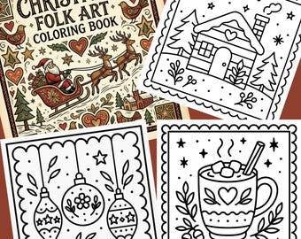 May include: A Christmas Folk Art coloring book with a cover featuring Santa in a sleigh, reindeer, and festive motifs. Three separate black and white line art pages are displayed, showing a cabin, hanging ornaments, and a mug with marshmallows.
